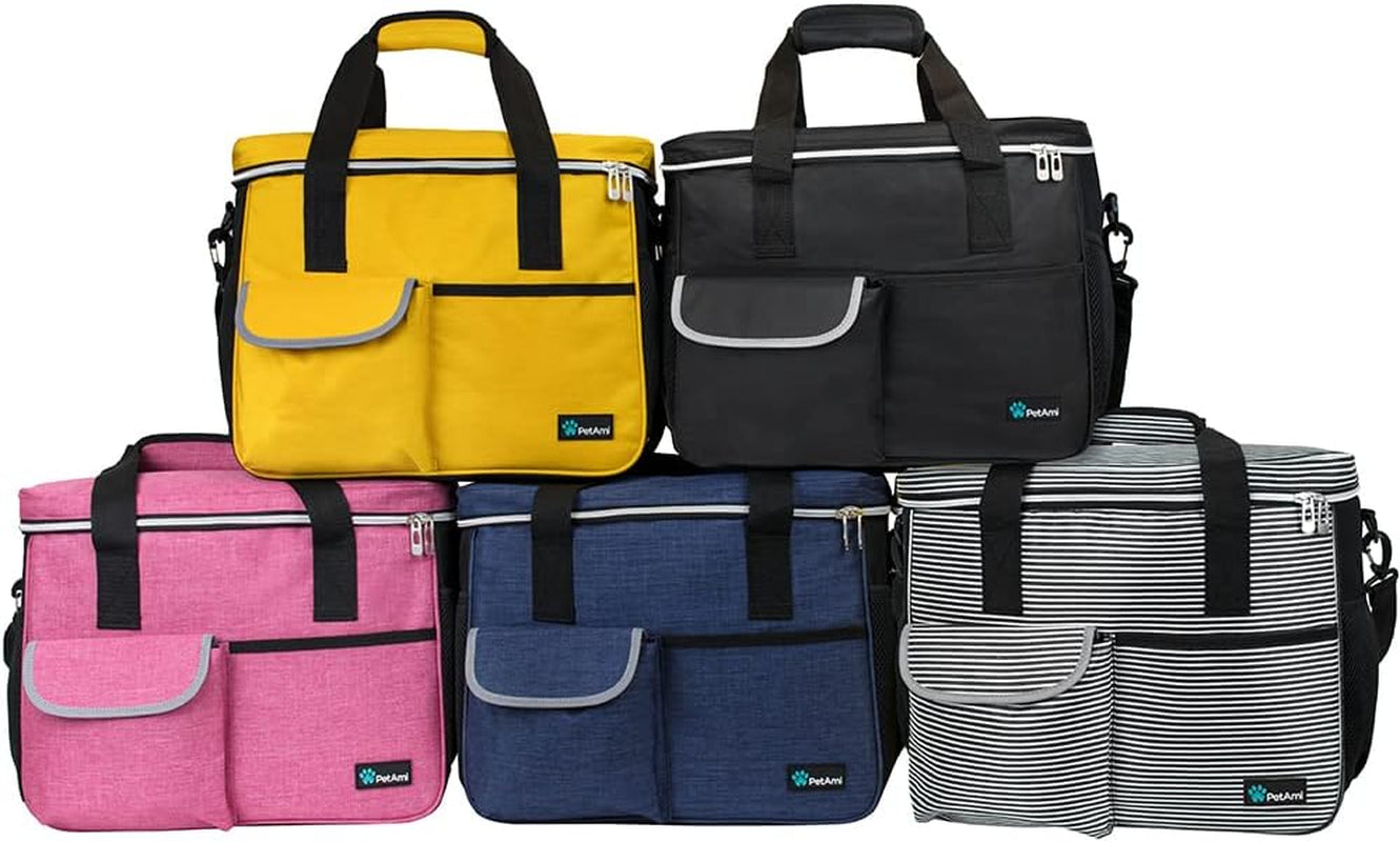 Pet Travel Organizer Tote with Food Containers and Collapsible Bowls - Medium Yellow Bag with Luggage Sleeve for Weekend Getaways and Camping Essentials