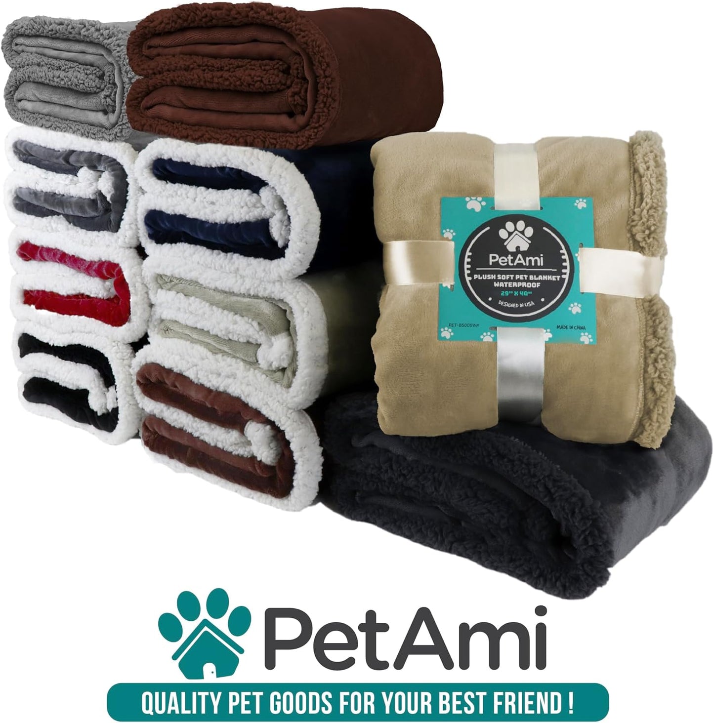 Waterproof Reversible Sherpa Fleece Dog Blanket, 90x90 Queen Size, Pee-Proof Furniture Protector for Couches and Beds, Soft Washable Cover for Large Dogs and Cats, Light Grey