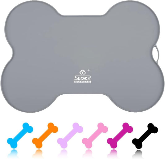 Silicone Waterproof Dog Food Mat and Bowl Tray, Easy-Clean Puppy Placemat, 20.5" x 14.5", Grey