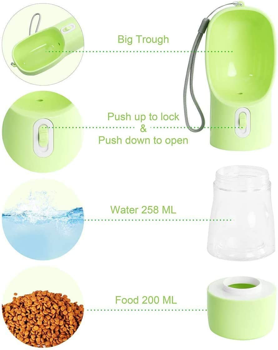 Portable Dog Water Bottle with Food Container - Dishwasher Safe Green | 3-in-1 Pet Drinking Bottle for Outdoor Activities | Leak-Proof BPA-Free Dog Water Dispenser with Bowl