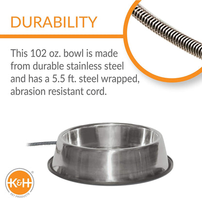 Outdoor Heated Water Bowl for Cats and Dogs - 102 Ounce Capacity, 25W Stainless Steel Construction with Anti-Chew Cord and Automatic No Freeze Function for Winter Use