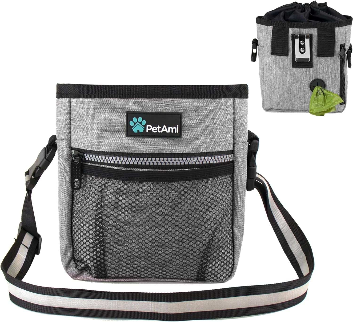 Dog Training Treat Pouch and Walking Bag with Poop Bag Dispenser - Versatile Wear Options (Heather Gray)