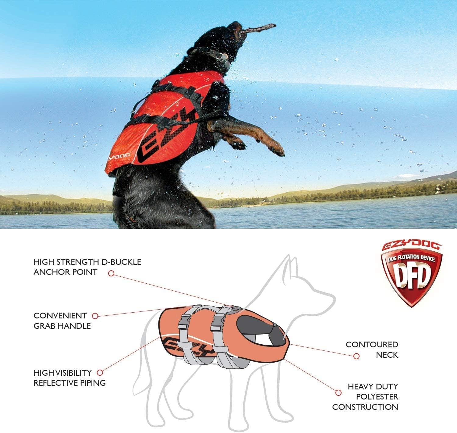 DFD Adjustable Dog Life Jacket - Enhanced Safety Vest with Reflective Trim and Durable Grab Handle - 50% Increased Flotation Material - Small Size, Red