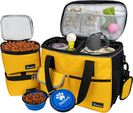 Pet Travel Organizer Tote with Food Containers and Collapsible Bowls - Medium Yellow Bag with Luggage Sleeve for Weekend Getaways and Camping Essentials