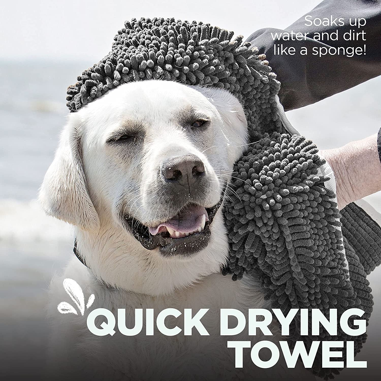 Soggy Doggy Super Shammy Microfiber Chenille Towel for Dogs - Fast-Drying Towel with Hand Pockets for Convenient Drying and Paw Cleaning (Gray, 31” x 14”) - Ideal for Bathing, Beach, and Outdoor Activities