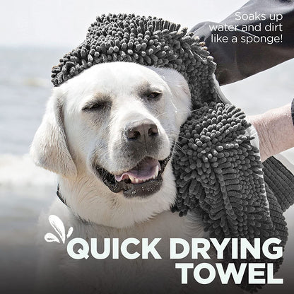 Soggy Doggy Super Shammy Microfiber Chenille Towel for Dogs - Fast-Drying Towel with Hand Pockets for Convenient Drying and Paw Cleaning (Gray, 31” x 14”) - Ideal for Bathing, Beach, and Outdoor Activities