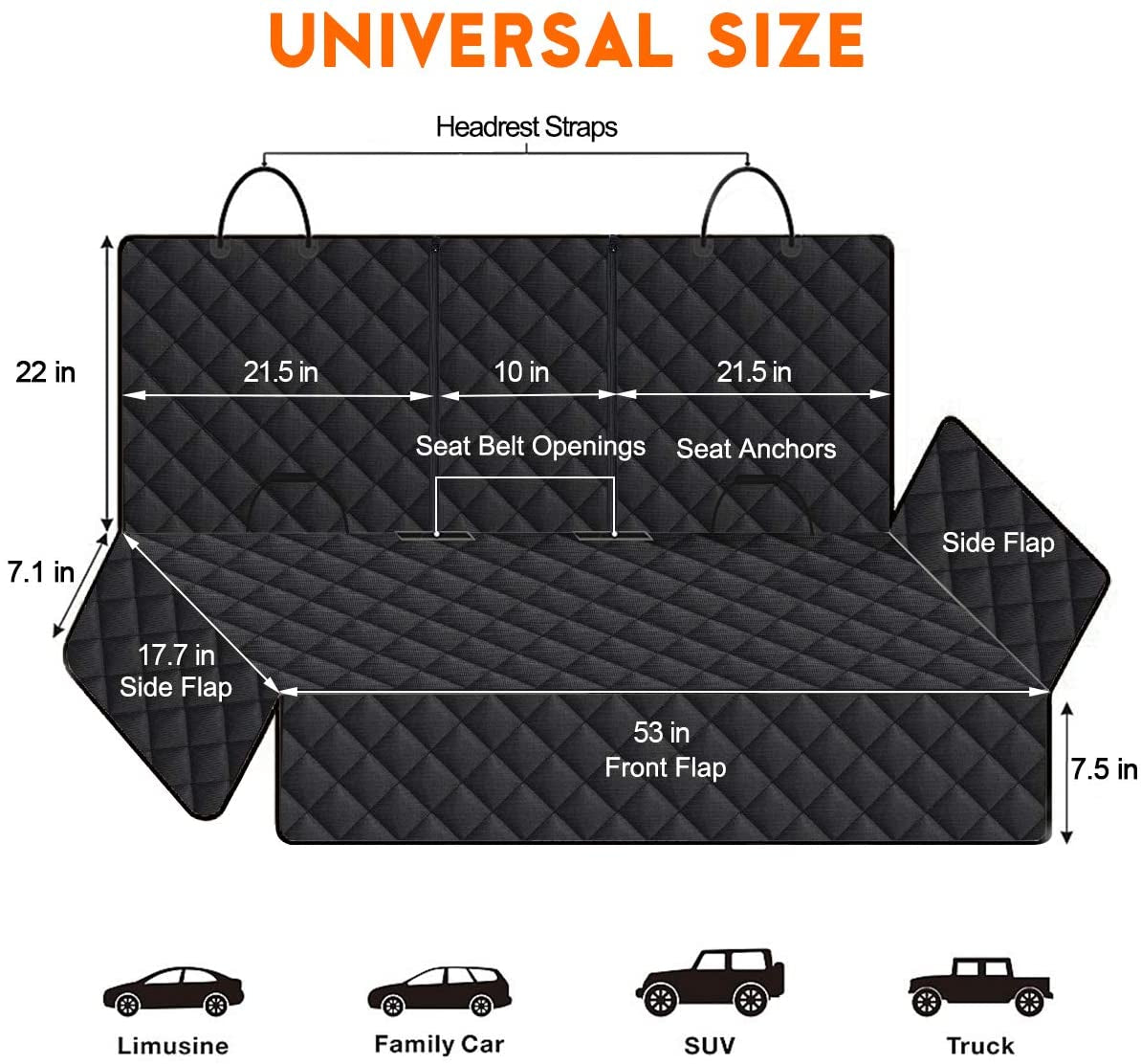 Dog Car Seat Cover - Waterproof Back Seat Protector for Pets, Durable and Fits Most Cars, SUVs, and Trucks (53” Width) - Black