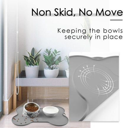 Silicone Waterproof Dog Food Mat and Bowl Tray, Easy-Clean Puppy Placemat, 20.5" x 14.5", Grey