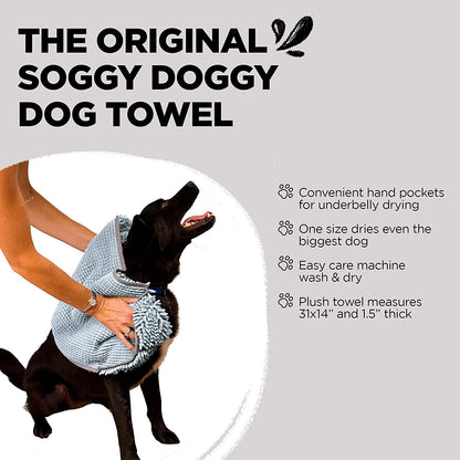 Soggy Doggy Super Shammy Microfiber Chenille Towel for Dogs - Fast-Drying Towel with Hand Pockets for Convenient Drying and Paw Cleaning (Gray, 31” x 14”) - Ideal for Bathing, Beach, and Outdoor Activities
