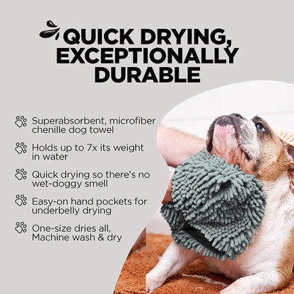 Soggy Doggy Super Shammy Microfiber Chenille Towel for Dogs - Fast-Drying Towel with Hand Pockets for Convenient Drying and Paw Cleaning (Gray, 31” x 14”) - Ideal for Bathing, Beach, and Outdoor Activities