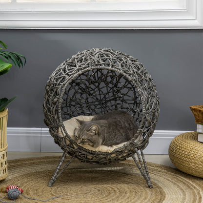 Pawhut Rattan Elevated Cat House with Cushion - Grey Pet Furniture