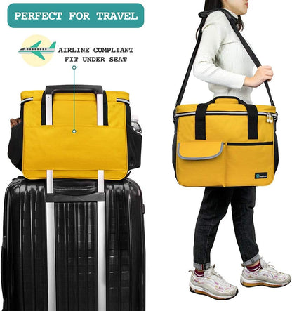 Pet Travel Organizer Tote with Food Containers and Collapsible Bowls - Medium Yellow Bag with Luggage Sleeve for Weekend Getaways and Camping Essentials