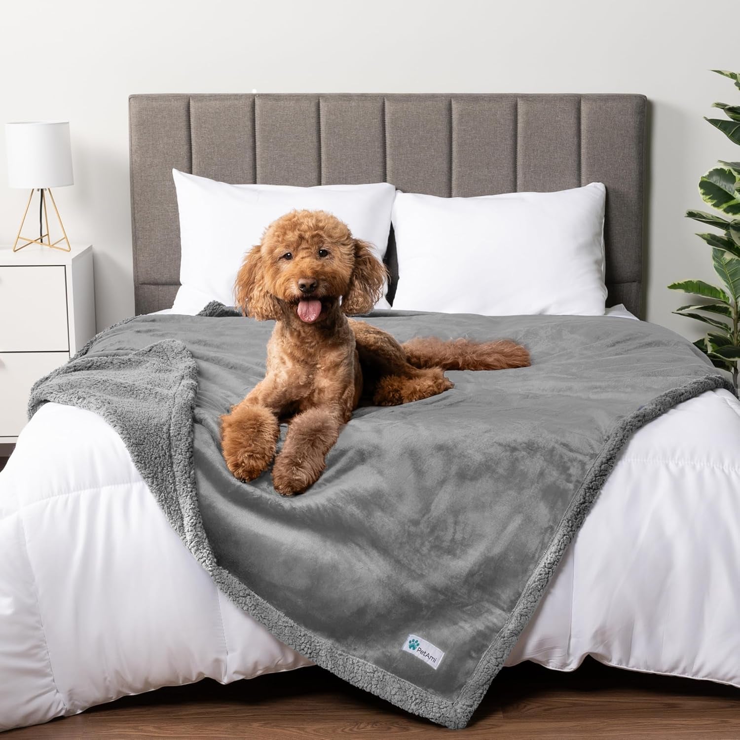 Waterproof Reversible Sherpa Fleece Dog Blanket, 90x90 Queen Size, Pee-Proof Furniture Protector for Couches and Beds, Soft Washable Cover for Large Dogs and Cats, Light Grey