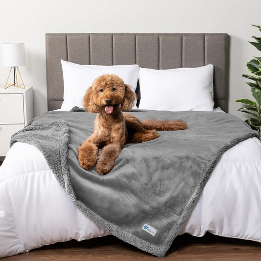 Waterproof Reversible Sherpa Fleece Dog Blanket, 90x90 Queen Size, Pee-Proof Furniture Protector for Couches and Beds, Soft Washable Cover for Large Dogs and Cats, Light Grey
