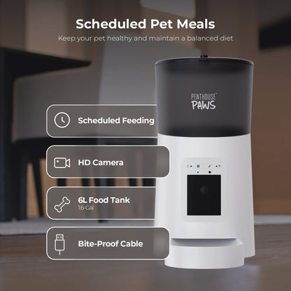 Penthouse Paws Smart HD Pet Feeder with 6L Capacity, 1080P Camera, Two-Way Audio, Scheduled Feeding, Backup Power, Easy Clean Design, and Anti-Jam Features for Cats and Dogs, Black