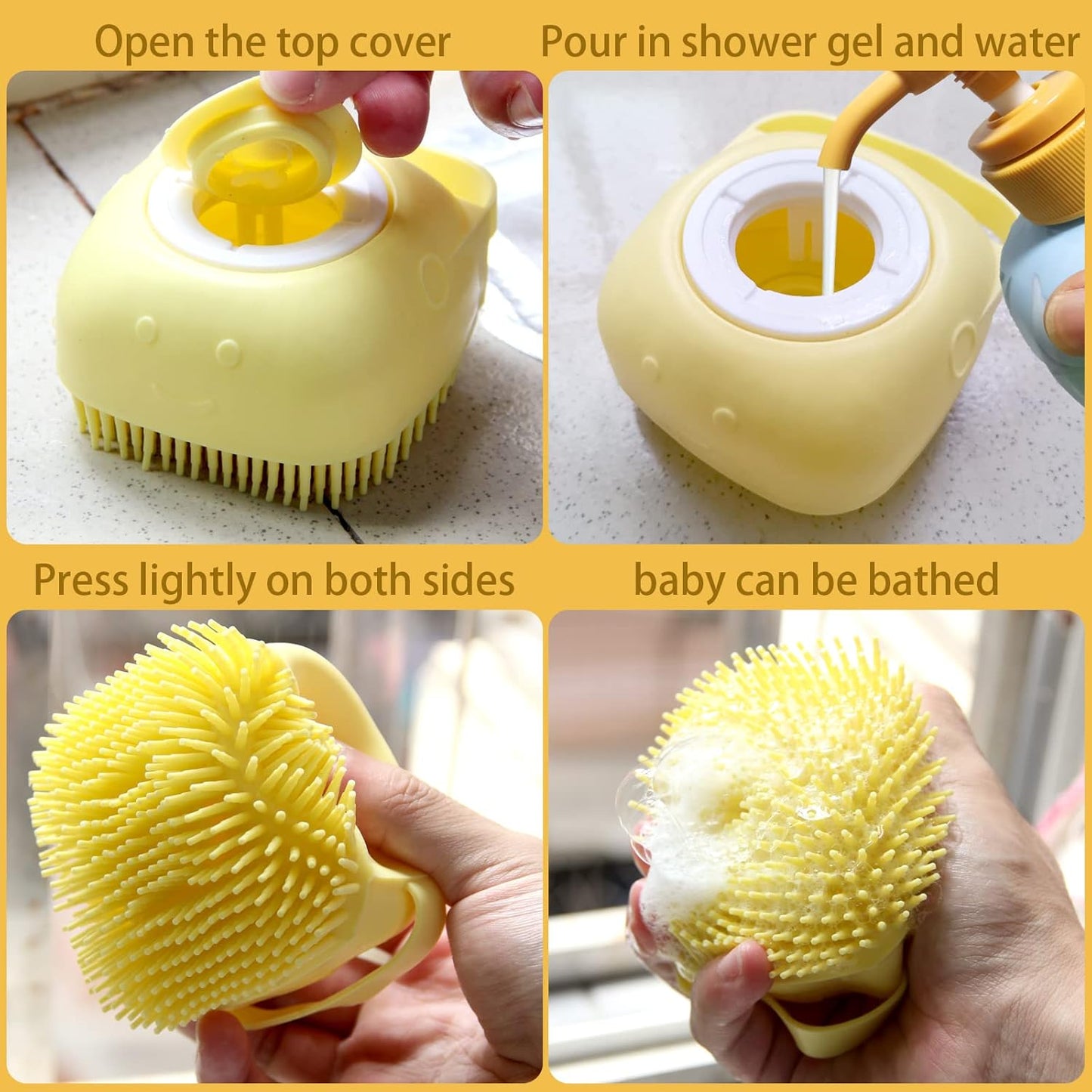 Soft Silicone Pet Bath Brush with Shampoo Dispenser for Dogs and Cats - Grooming Shower Scrubber (Yellow)