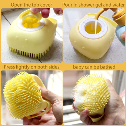 Soft Silicone Pet Bath Brush with Shampoo Dispenser for Dogs and Cats - Grooming Shower Scrubber (Yellow)