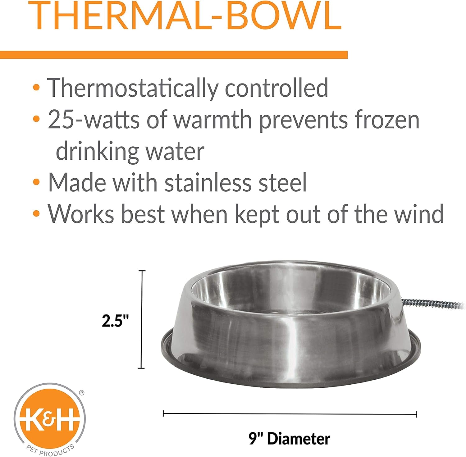Outdoor Heated Water Bowl for Cats and Dogs - 102 Ounce Capacity, 25W Stainless Steel Construction with Anti-Chew Cord and Automatic No Freeze Function for Winter Use