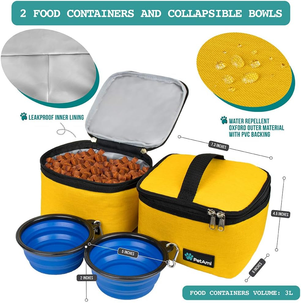 Pet Travel Organizer Tote with Food Containers and Collapsible Bowls - Medium Yellow Bag with Luggage Sleeve for Weekend Getaways and Camping Essentials