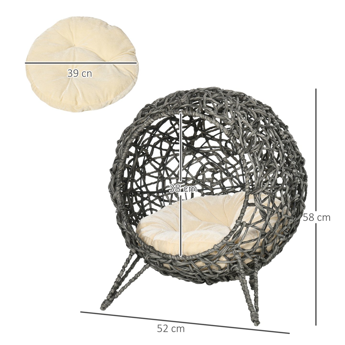 Pawhut Rattan Elevated Cat House with Cushion - Grey Pet Furniture