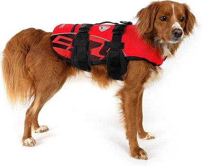 DFD Adjustable Dog Life Jacket - Enhanced Safety Vest with Reflective Trim and Durable Grab Handle - 50% Increased Flotation Material - Small Size, Red