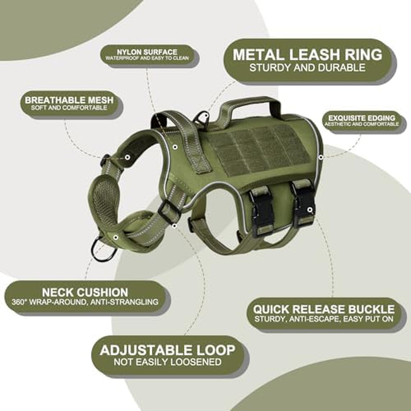 Heavy-Duty Tactical Dog Harness for Large Breeds, No-Pull Design with Molle System, Easy-On/Off Service Dog Vest, Breathable Padded and Adjustable Reflective Vest for Walking, Hiking, and Training