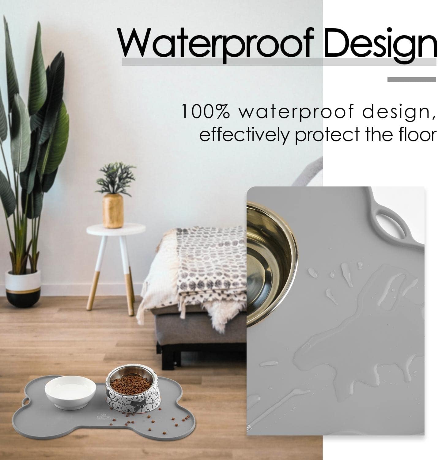 Silicone Waterproof Dog Food Mat and Bowl Tray, Easy-Clean Puppy Placemat, 20.5" x 14.5", Grey