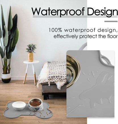 Silicone Waterproof Dog Food Mat and Bowl Tray, Easy-Clean Puppy Placemat, 20.5" x 14.5", Grey