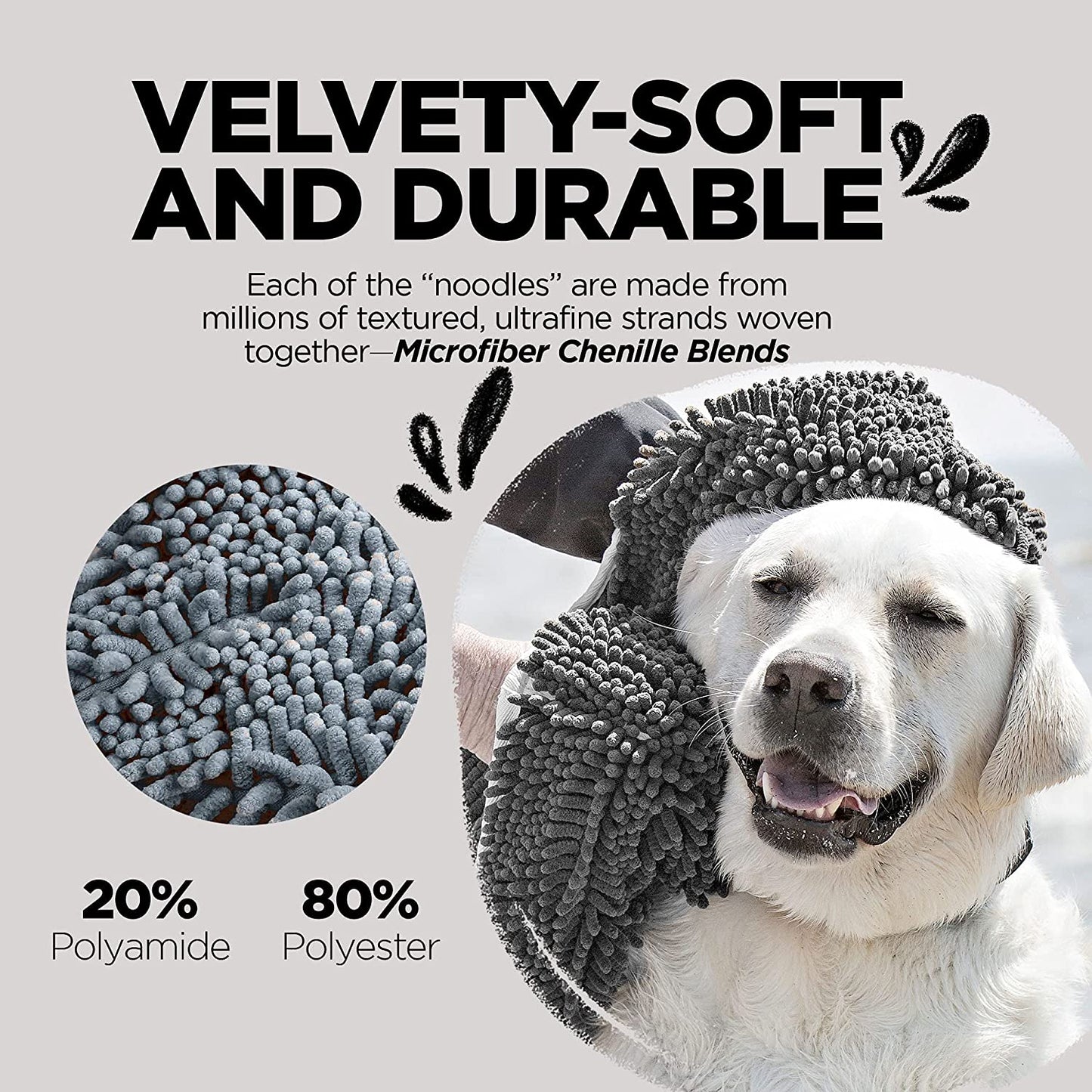 Soggy Doggy Super Shammy Microfiber Chenille Towel for Dogs - Fast-Drying Towel with Hand Pockets for Convenient Drying and Paw Cleaning (Gray, 31” x 14”) - Ideal for Bathing, Beach, and Outdoor Activities