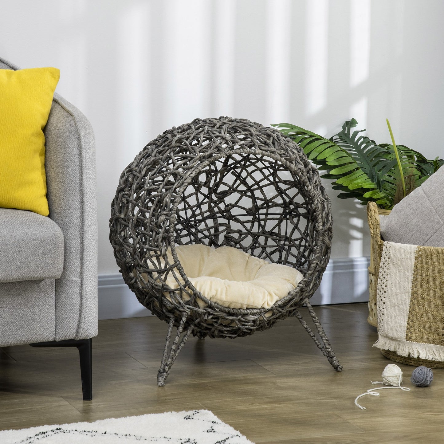 Pawhut Rattan Elevated Cat House with Cushion - Grey Pet Furniture