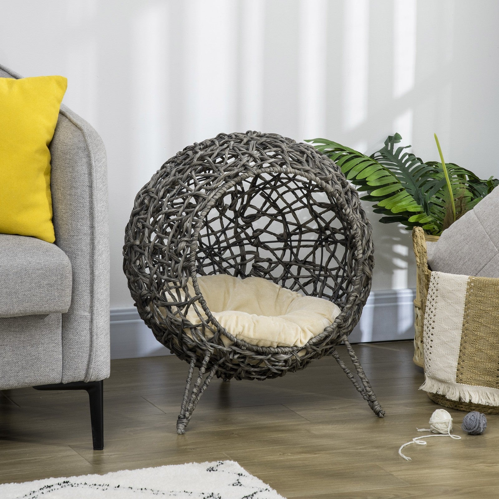 Pawhut Rattan Elevated Cat House with Cushion - Grey Pet Furniture