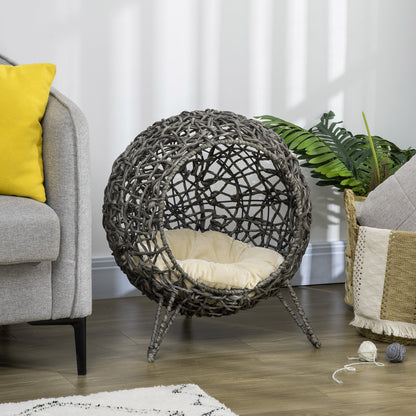 Pawhut Rattan Elevated Cat House with Cushion - Grey Pet Furniture