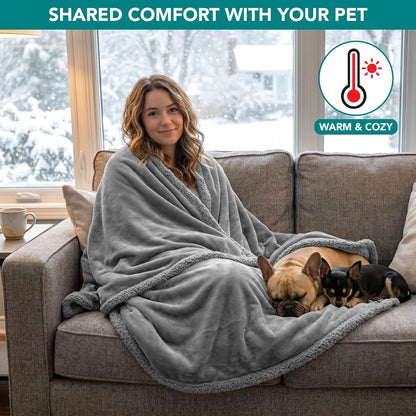 Waterproof Reversible Sherpa Fleece Dog Blanket, 90x90 Queen Size, Pee-Proof Furniture Protector for Couches and Beds, Soft Washable Cover for Large Dogs and Cats, Light Grey