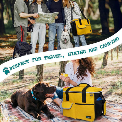 Pet Travel Organizer Tote with Food Containers and Collapsible Bowls - Medium Yellow Bag with Luggage Sleeve for Weekend Getaways and Camping Essentials