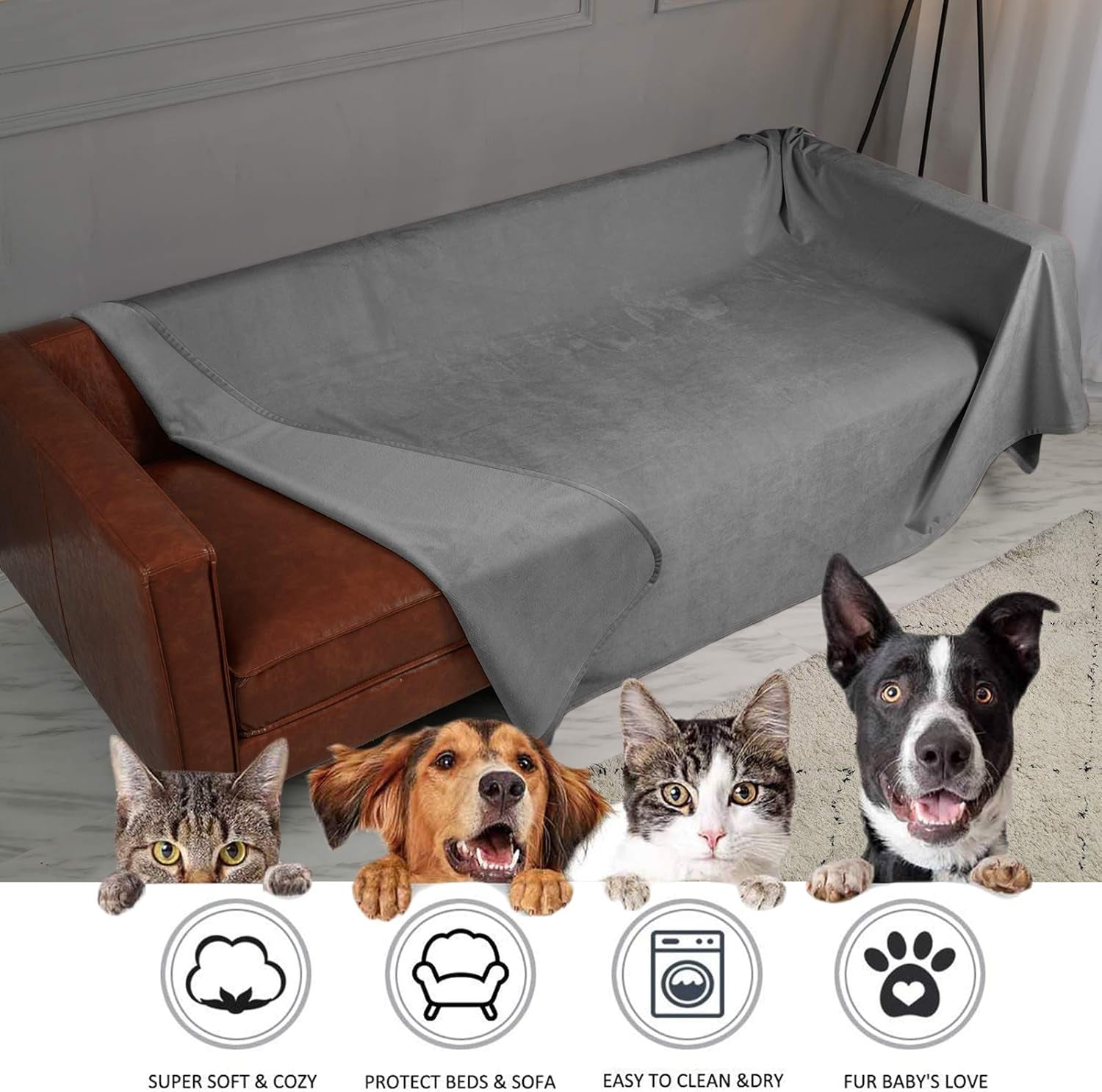 Reversible 100% Waterproof Velvet Pet Bed Blanket - Super Soft for Sofa and Bed (40"x60", Light Grey & Grey)