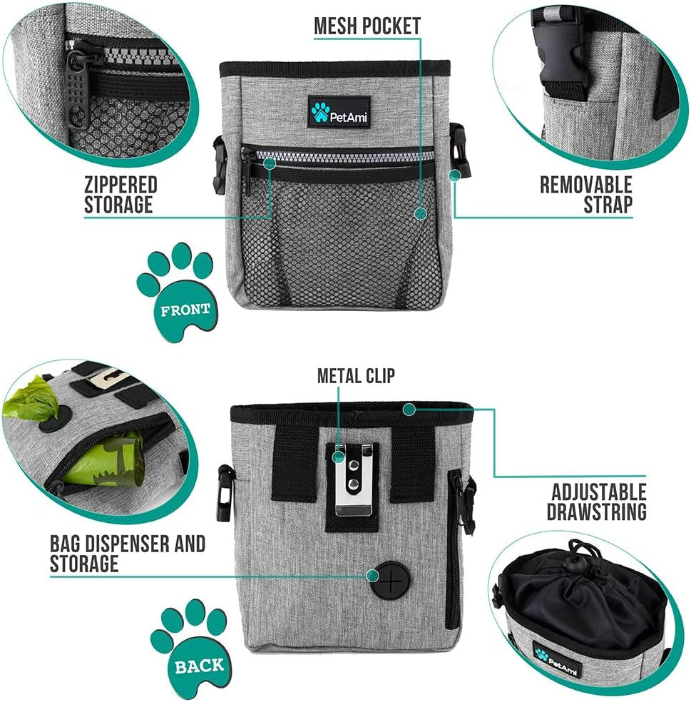 Dog Training Treat Pouch and Walking Bag with Poop Bag Dispenser - Versatile Wear Options (Heather Gray)