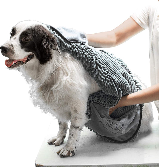 Extra Large Ultra Absorbent Microfiber Dog Bath Towel - 35"x15" with Comfortable Hand Pockets, Suitable for Indoor and Outdoor Use, Durable and Machine Washable