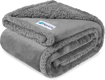 Waterproof Reversible Sherpa Fleece Dog Blanket, 90x90 Queen Size, Pee-Proof Furniture Protector for Couches and Beds, Soft Washable Cover for Large Dogs and Cats, Light Grey