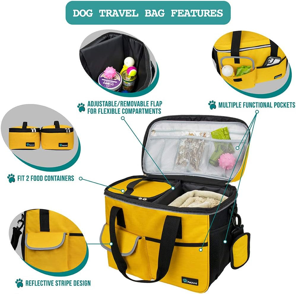 Pet Travel Organizer Tote with Food Containers and Collapsible Bowls - Medium Yellow Bag with Luggage Sleeve for Weekend Getaways and Camping Essentials