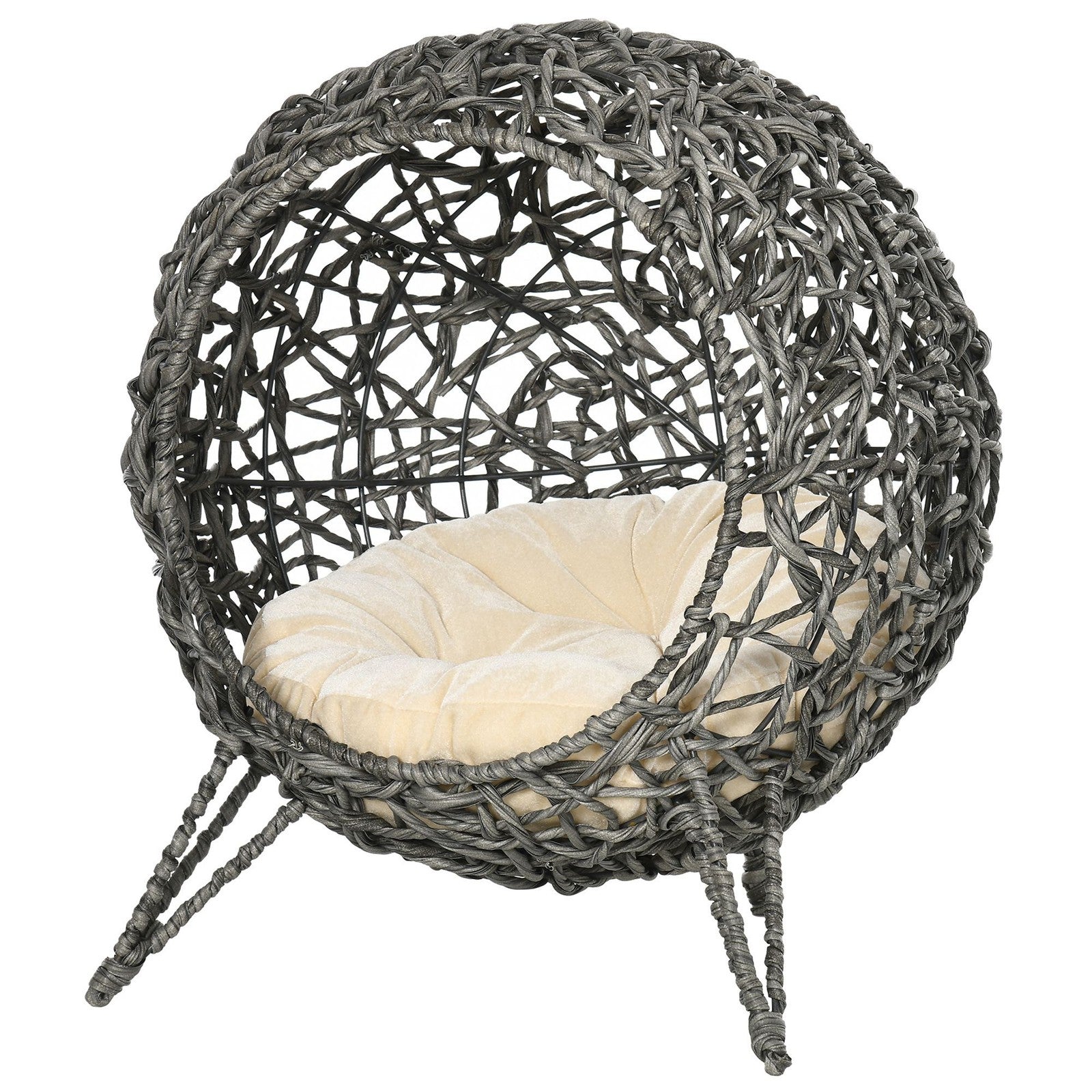 Pawhut Rattan Elevated Cat House with Cushion - Grey Pet Furniture