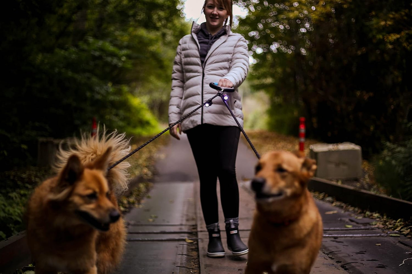 Dual Dog Leash with 360° Tangle-Free Rotation, Gel Handle, and Reflective Rope - Includes Optional LED Lights up to 25 Feet, Universal Size for All Dogs, Medium/Large, Black with Two Rechargeable Lights
