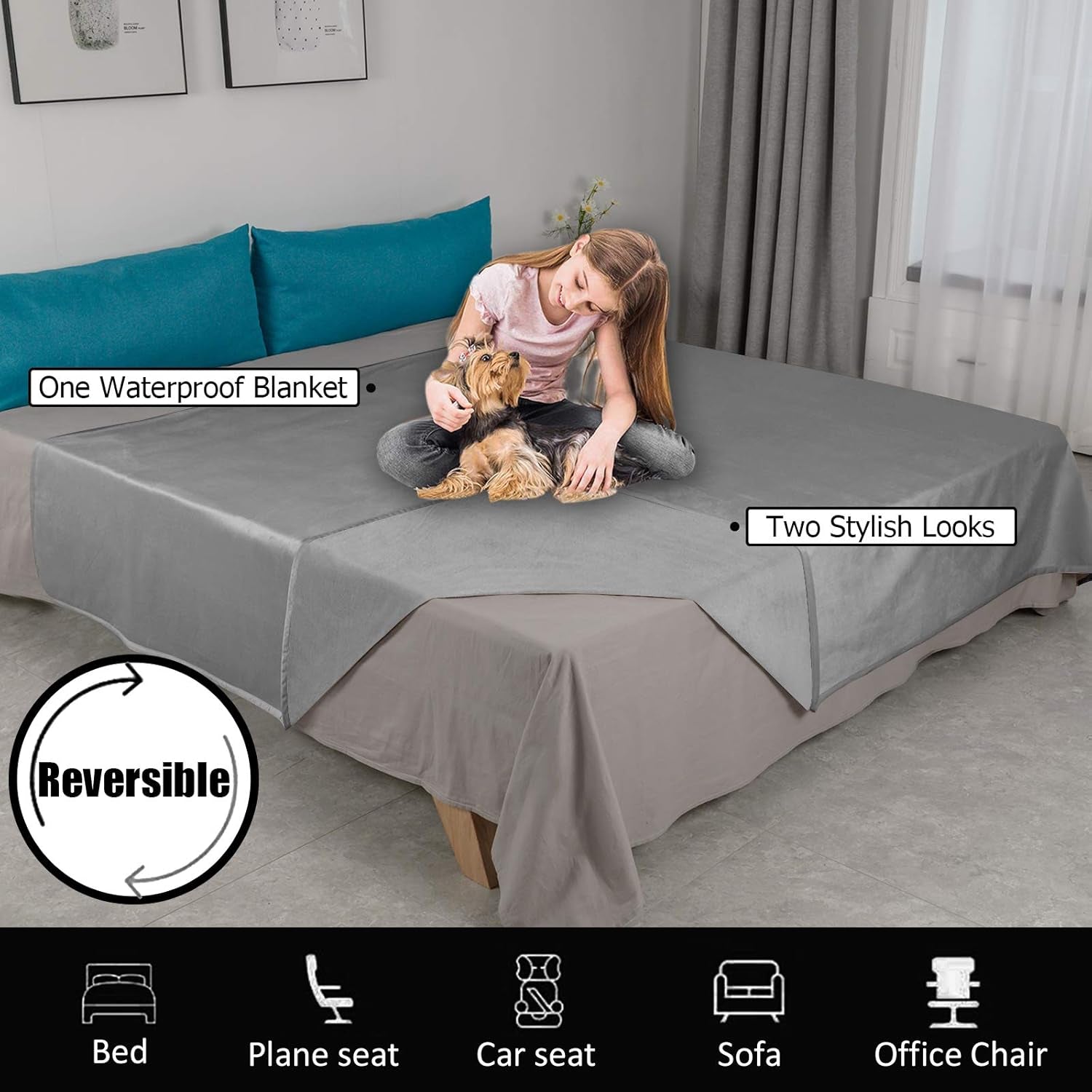 Reversible 100% Waterproof Velvet Pet Bed Blanket - Super Soft for Sofa and Bed (40"x60", Light Grey & Grey)