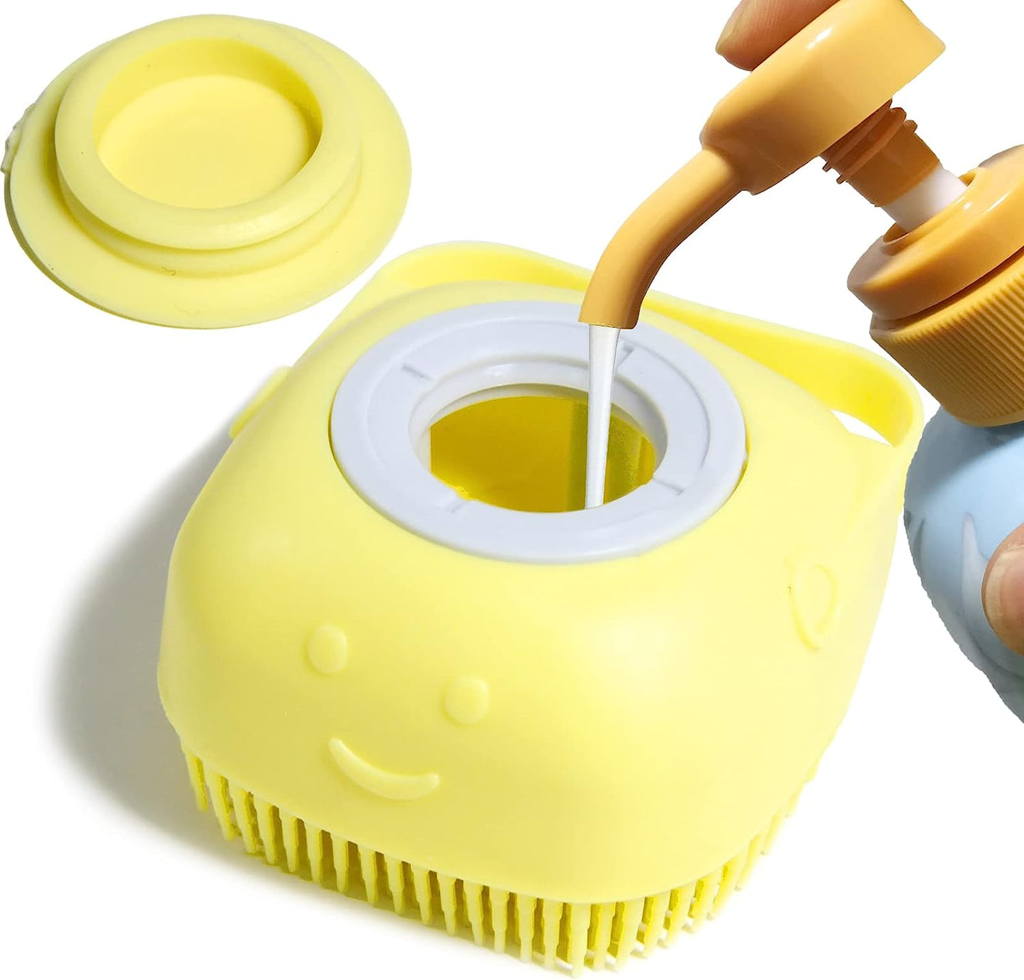 Soft Silicone Pet Bath Brush with Shampoo Dispenser for Dogs and Cats - Grooming Shower Scrubber (Yellow)