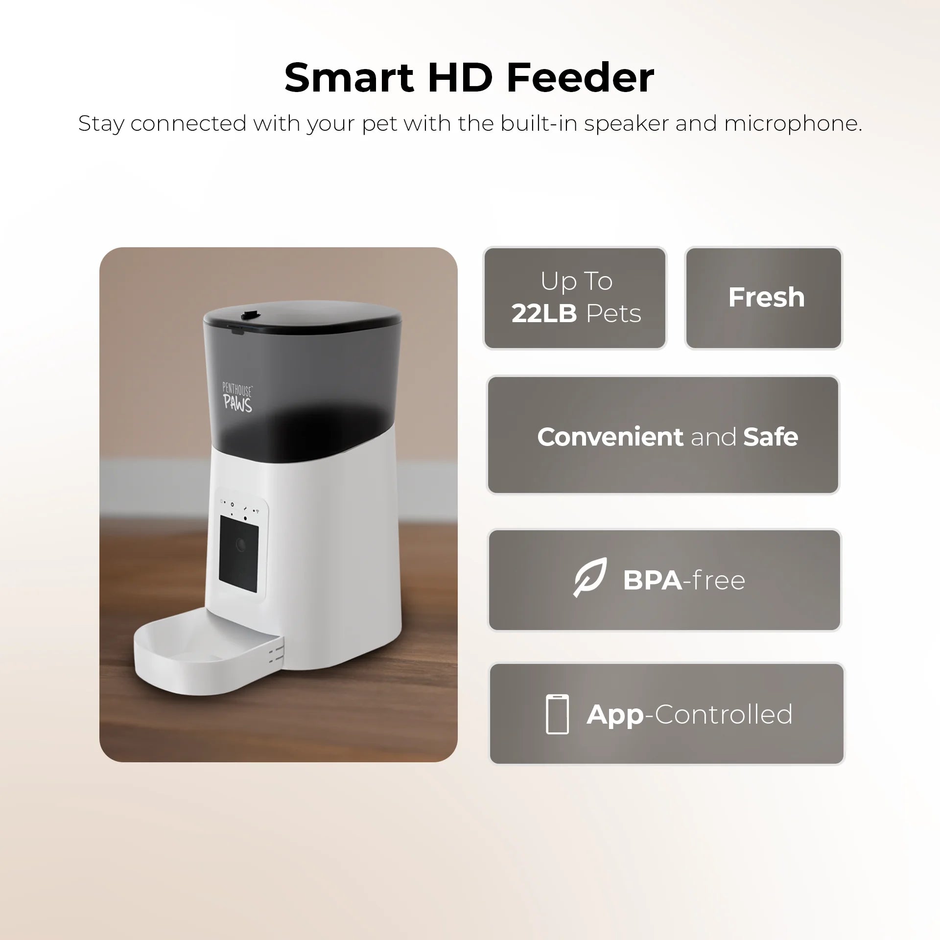 Penthouse Paws Smart HD Pet Feeder with 6L Capacity, 1080P Camera, Two-Way Audio, Scheduled Feeding, Backup Power, Easy Clean Design, and Anti-Jam Features for Cats and Dogs, Black