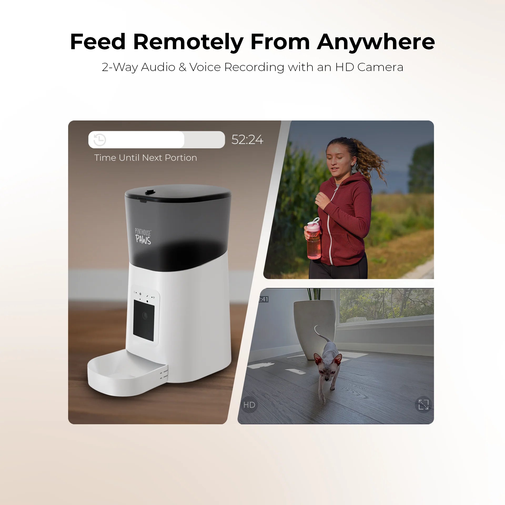 Penthouse Paws Smart HD Pet Feeder with 6L Capacity, 1080P Camera, Two-Way Audio, Scheduled Feeding, Backup Power, Easy Clean Design, and Anti-Jam Features for Cats and Dogs, Black