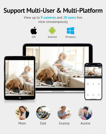 Indoor 1080P Security Camera with Sound and Motion Detection, 360° Baby Monitor and Pet Camera, Wi-Fi Connectivity, Two-Way Audio, Night Vision, SD and Cloud Storage, Compatible with Alexa