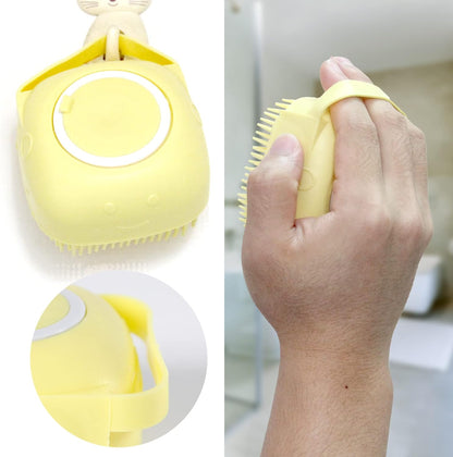Soft Silicone Pet Bath Brush with Shampoo Dispenser for Dogs and Cats - Grooming Shower Scrubber (Yellow)