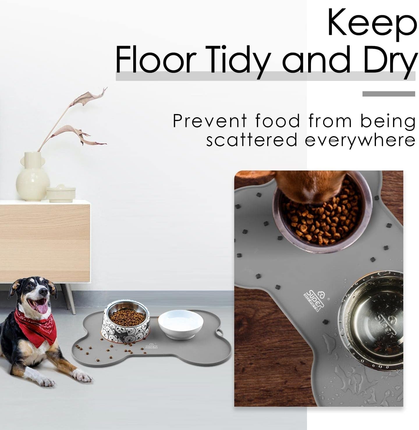 Silicone Waterproof Dog Food Mat and Bowl Tray, Easy-Clean Puppy Placemat, 20.5" x 14.5", Grey