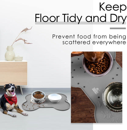 Silicone Waterproof Dog Food Mat and Bowl Tray, Easy-Clean Puppy Placemat, 20.5" x 14.5", Grey
