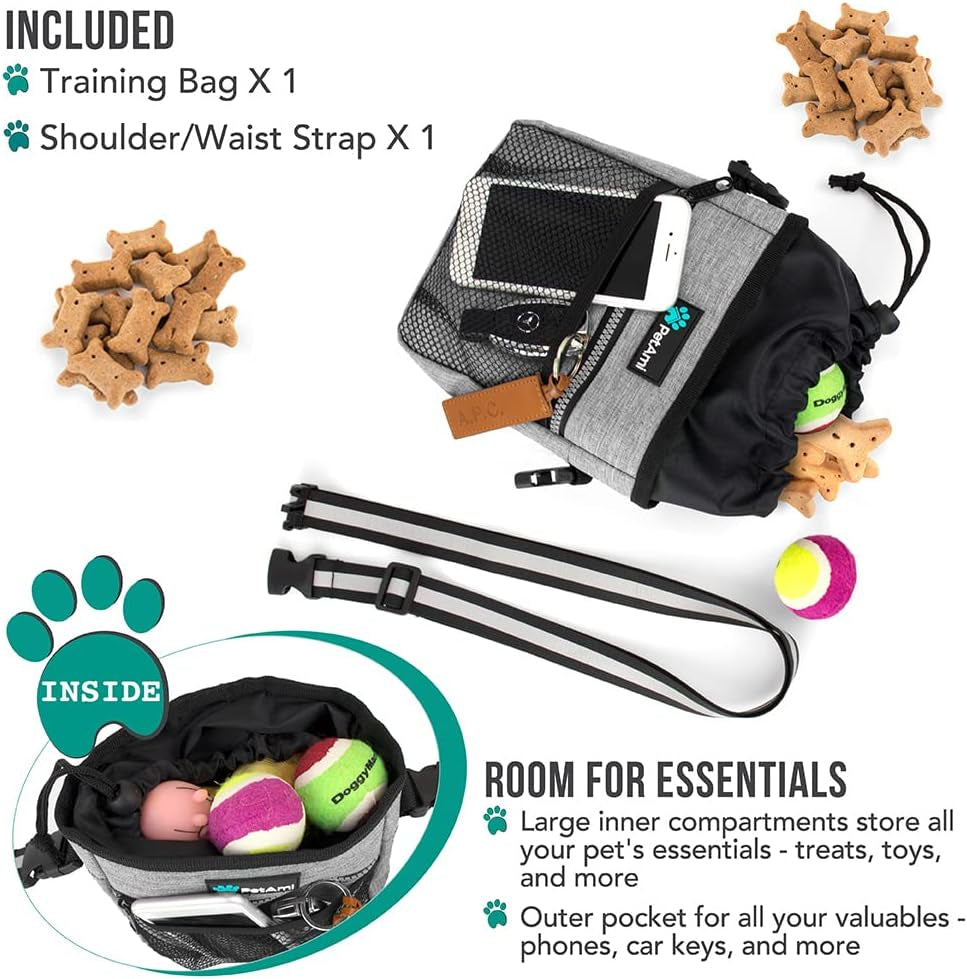 Dog Training Treat Pouch and Walking Bag with Poop Bag Dispenser - Versatile Wear Options (Heather Gray)